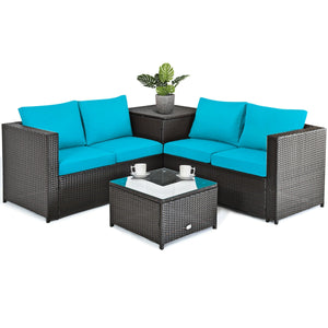 4 Pieces Outdoor Patio Rattan Furniture Set with Cushioned Loveseat and Storage Box-Brown