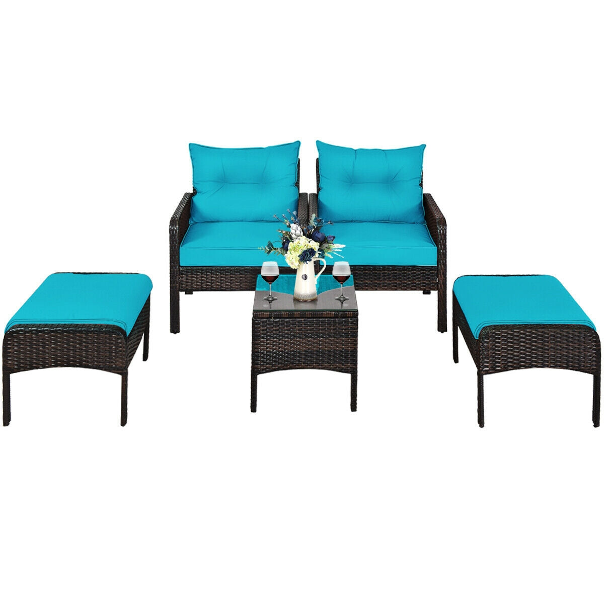 5 Pieces Patio Rattan Sofa Ottoman Furniture Set with Cushions-Red