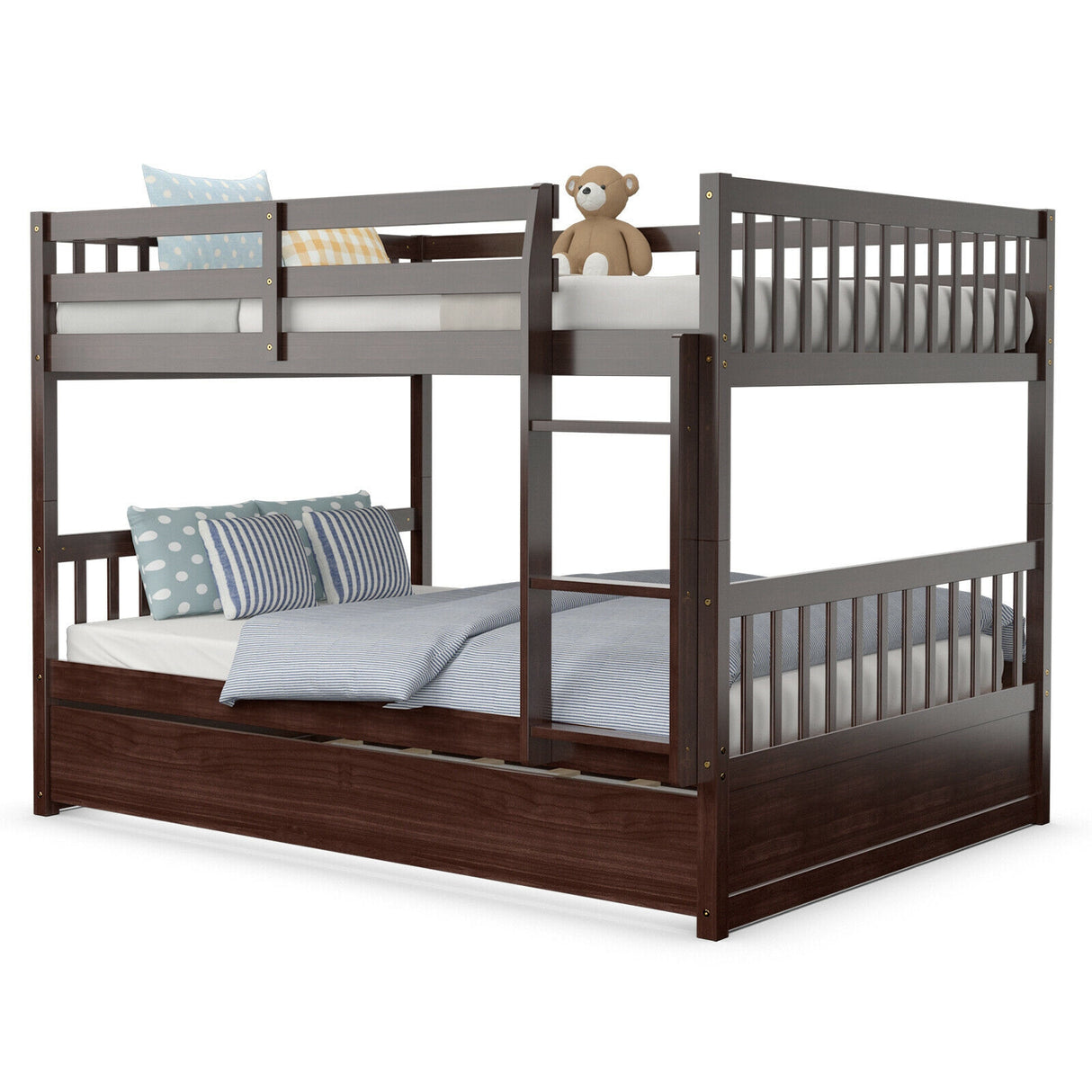 Full over Full Bunk Bed Platform Wood Bed with Ladder-White