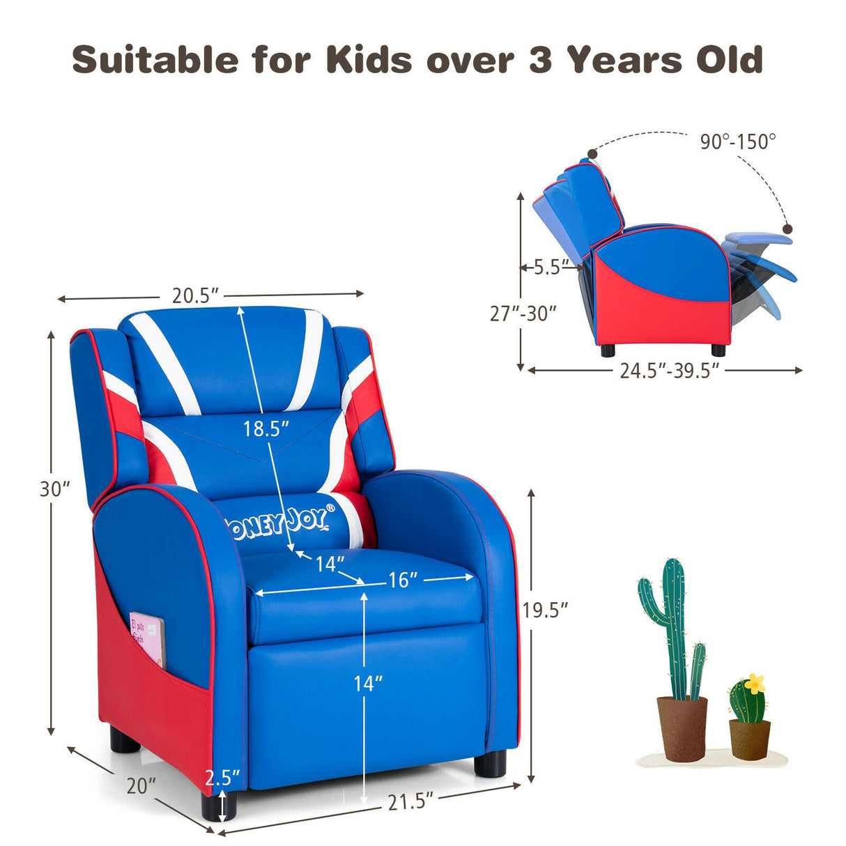 Kids Leather Recliner Chair with Side Pockets-Pink