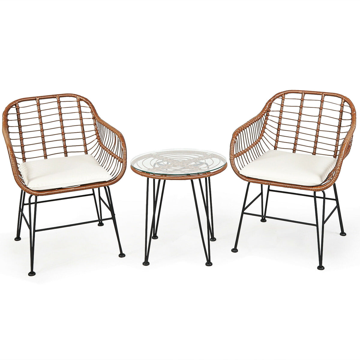 3 Pieces Patio Rattan Bistro Set with Cushion-White