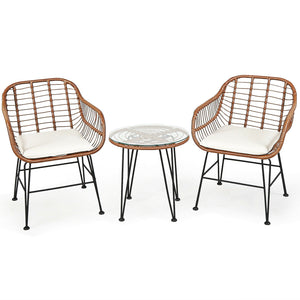 3 Pieces Patio Rattan Bistro Set with Cushion-White