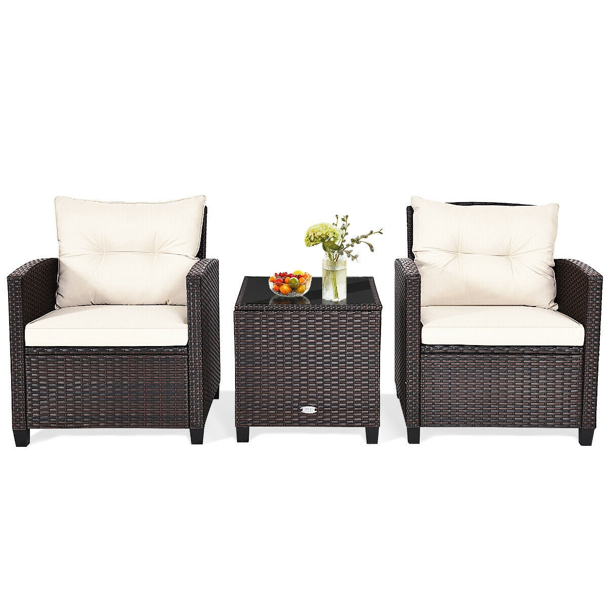 3 Pcs Patio Rattan Furniture Set Cushioned Conversation Set Coffee Table-Beige