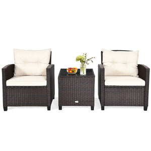 3 Pcs Patio Rattan Furniture Set Cushioned Conversation Set Coffee Table-Beige