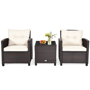 3 Pieces Patio Rattan Furniture Set Cushioned Conversation Set Coffee Table-White