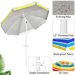 7.2 Feet Portable Outdoor Beach Umbrella with Sand Anchor and Tilt Mechanism-Multicolor