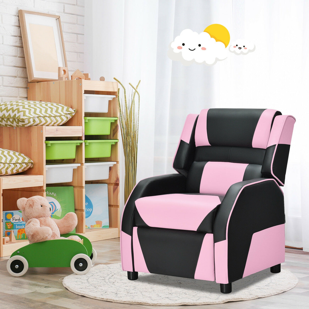 Kids Youth PU Leather Gaming Sofa Recliner with Headrest and Footrest-Red