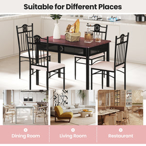 5 Pcs Dining Set Wood Metal Table and 4 Chairs with Cushions
