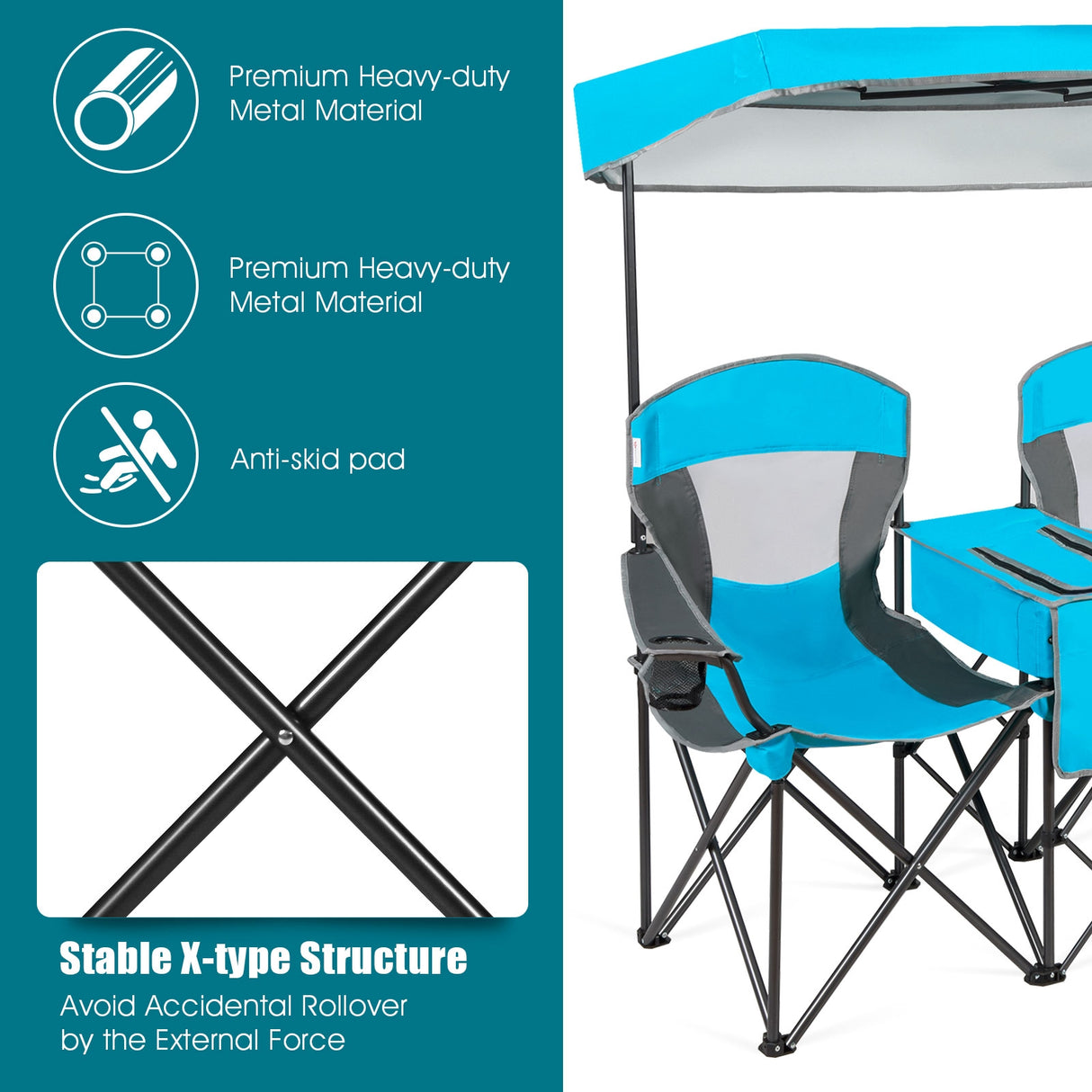 Patented Portable Folding Camping Canopy Chairs with Cup Holder-Blue