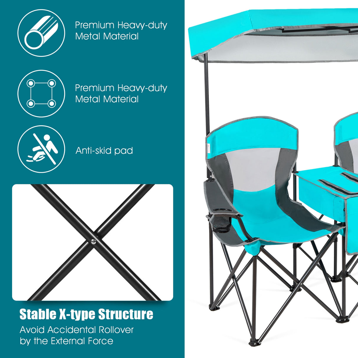 Patented Portable Folding Camping Canopy Chairs with Cup Holder-Blue