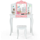 Kids Princess Vanity Table and Stool Set with Tri-folding Mirror and Drawer-Pink