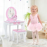 Kids Wooden Makeup Dressing Table and Chair Set with Mirror and Drawer-Pink