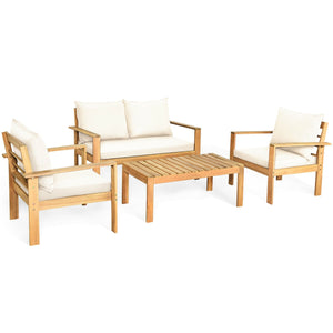 Outdoor 4 Pieces Acacia Wood Chat Set with Water Resistant Cushions-Gray