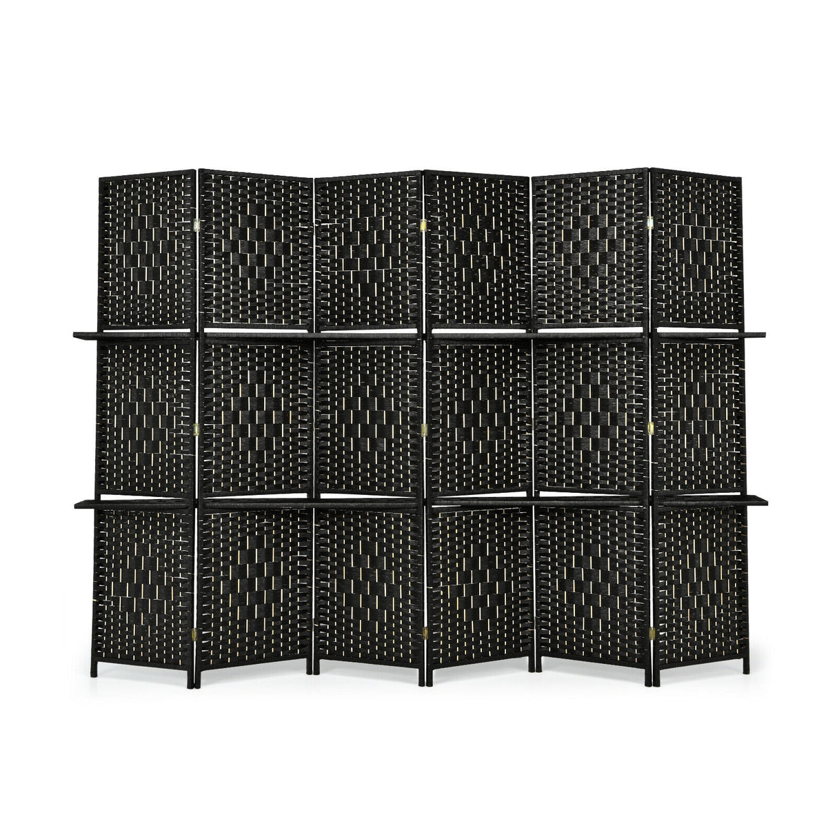 6 Panel Folding Weave Fiber Room Divider with 2 Display Shelves -Brown