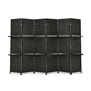 6 Panel Folding Weave Fiber Room Divider with 2 Display Shelves -Brown