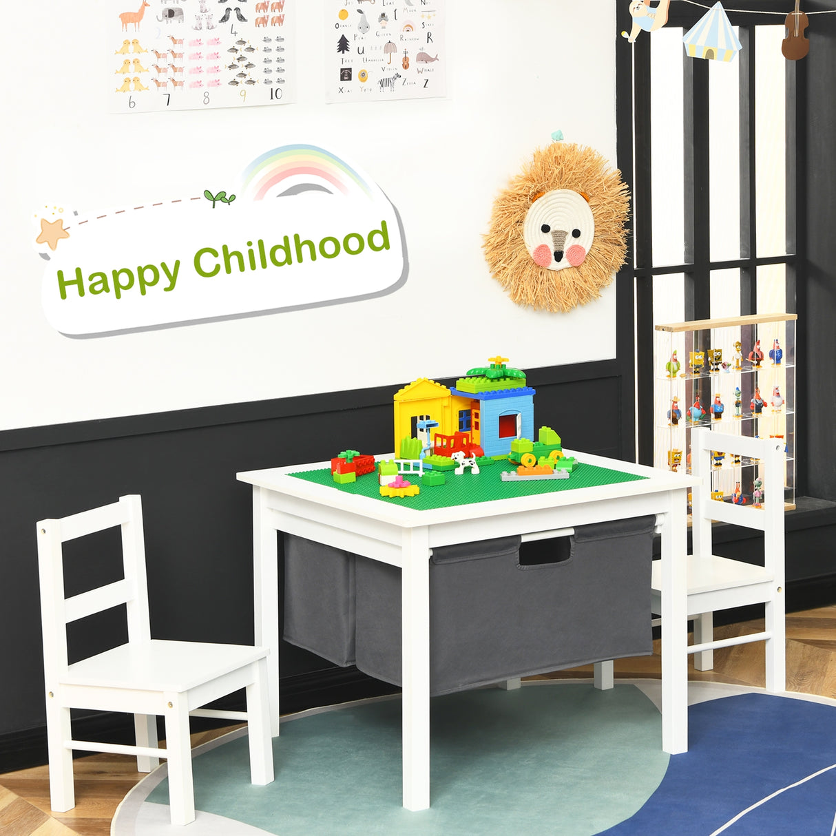 2-in-1 Kids Activity Table and 2 Chairs Set with Storage Building Block Table-Espresso