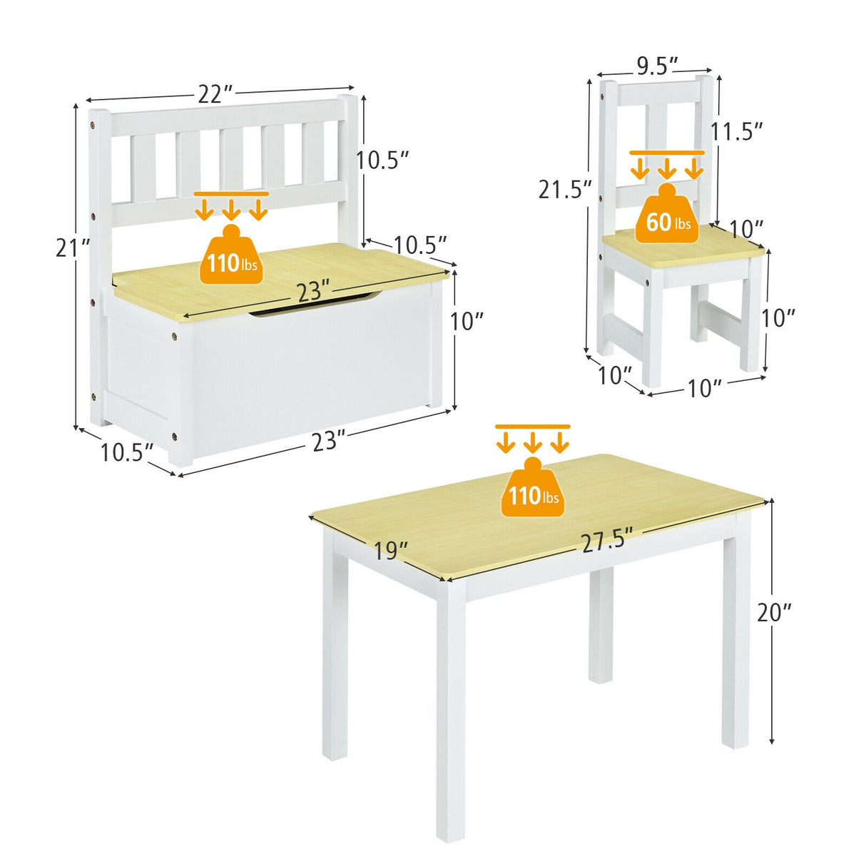 4 Pieces Kids Wooden Activity Table and Chairs Set with Storage Bench and Study Desk-Gray