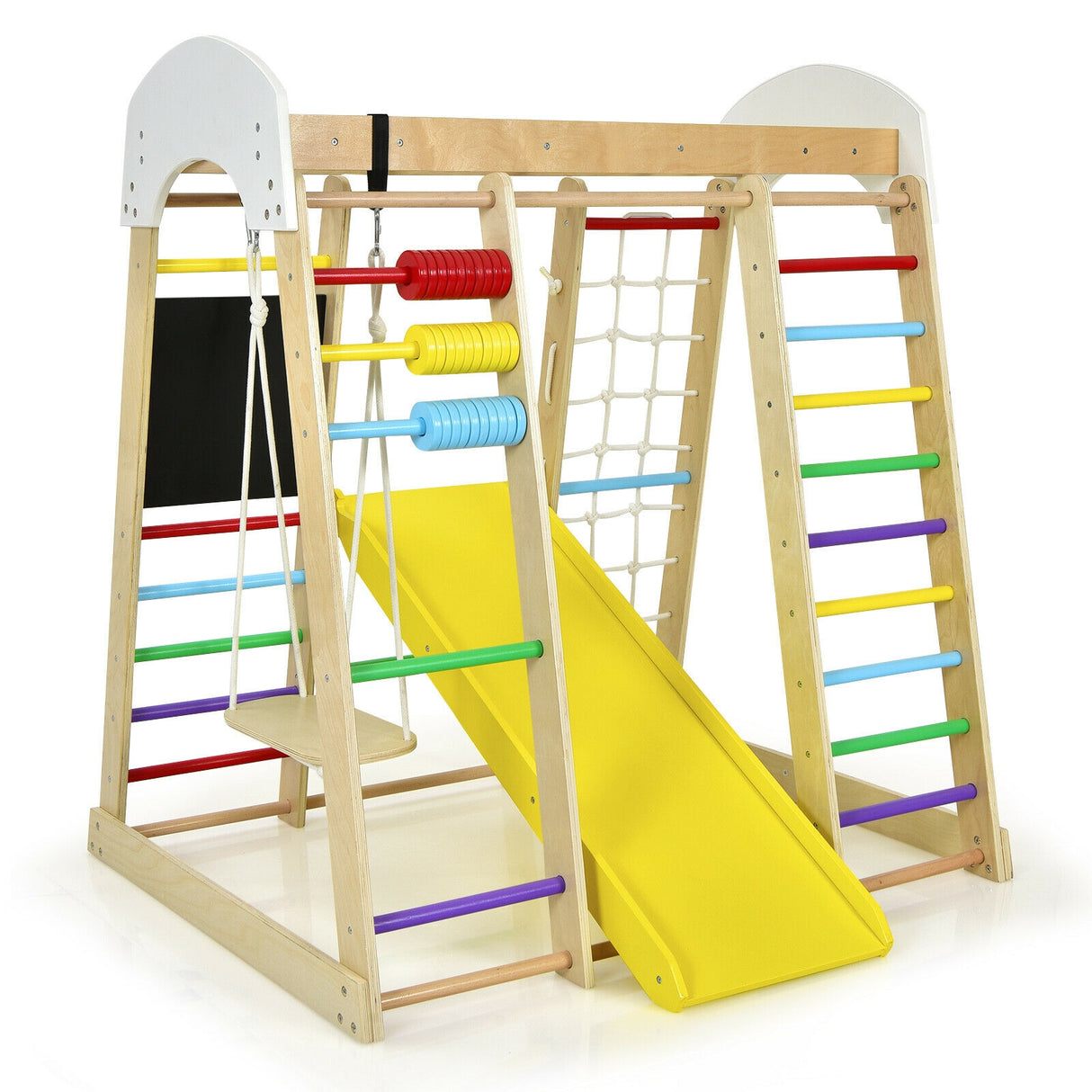Indoor Playground Climbing Gym Wooden 8-in-1 Climber Playset for Children-Natural
