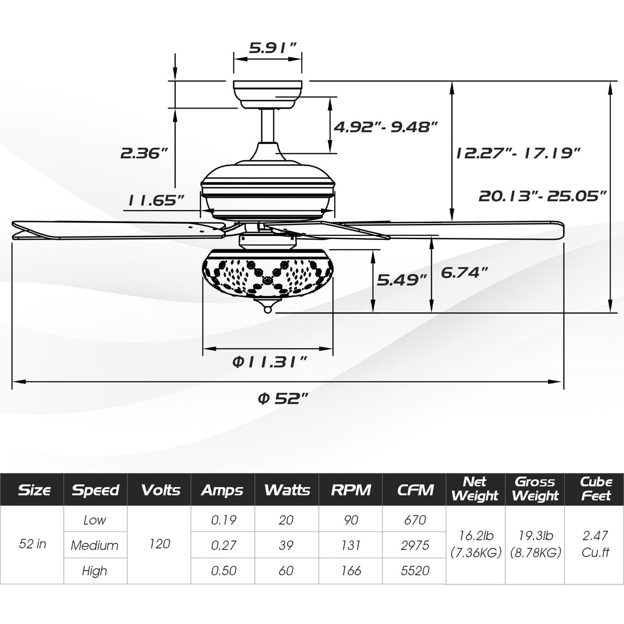 52 Inch Ceiling Fan with 3 Wind Speeds and 5 Reversible Blades-Black