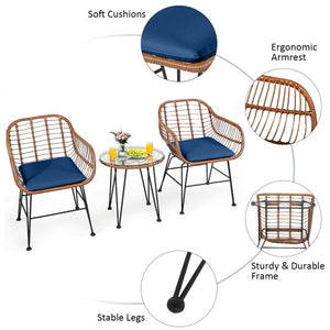 3 Pieces Patio Rattan Bistro Set with Cushion-Navy