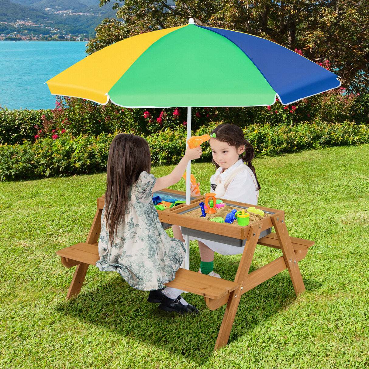 3-in-1 Kids Outdoor Picnic Water Sand Table with Umbrella Play Boxes-Green
