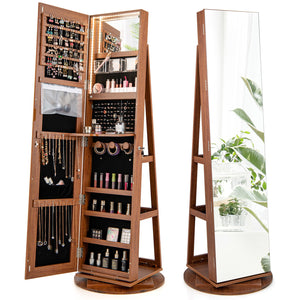 360 ° Rotating Mirrored Jewelry Cabinet Armoire 3 Color LED Modes Lockable-Dark Brown