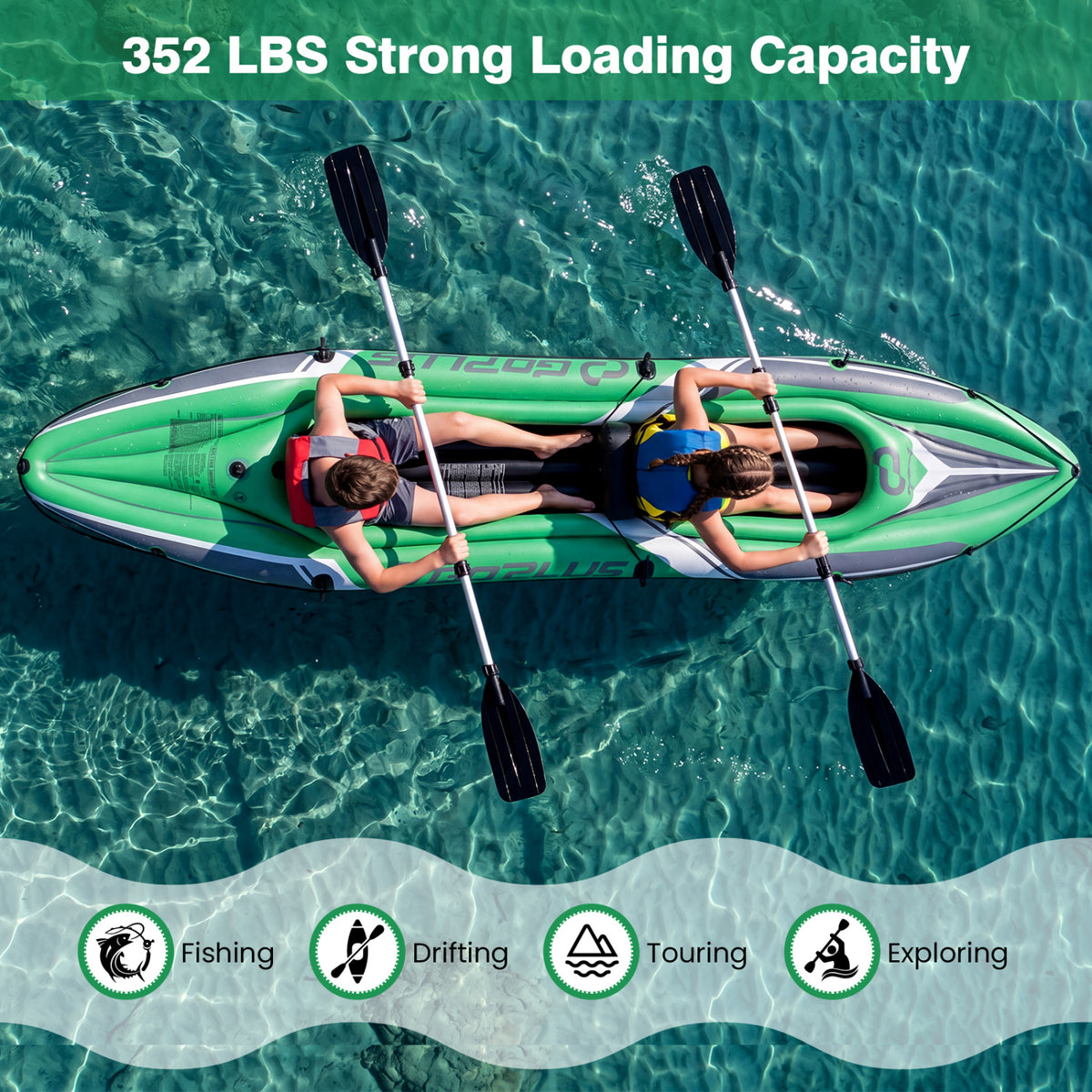11.5 Feet Inflatable Kayak 2 Person Heavy Duty with Aluminum Paddles-Green
