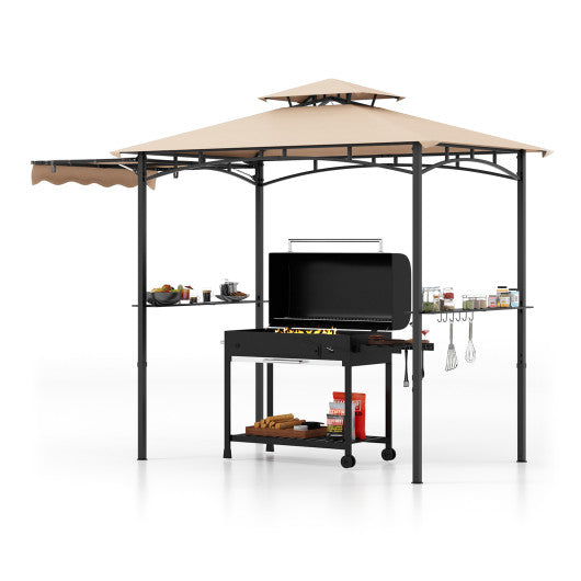 11 x 5 FT Grill Gazebo with Side Awning and Double-Tiered Top-Beige