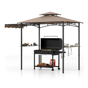 11 x 5 FT Grill Gazebo with Side Awning and Double-Tiered Top-Brown