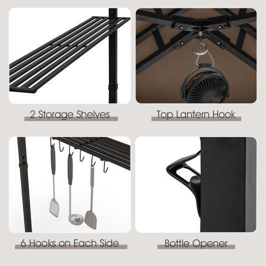 11 x 5 FT Grill Gazebo with Side Awning and Double-Tiered Top-Beige