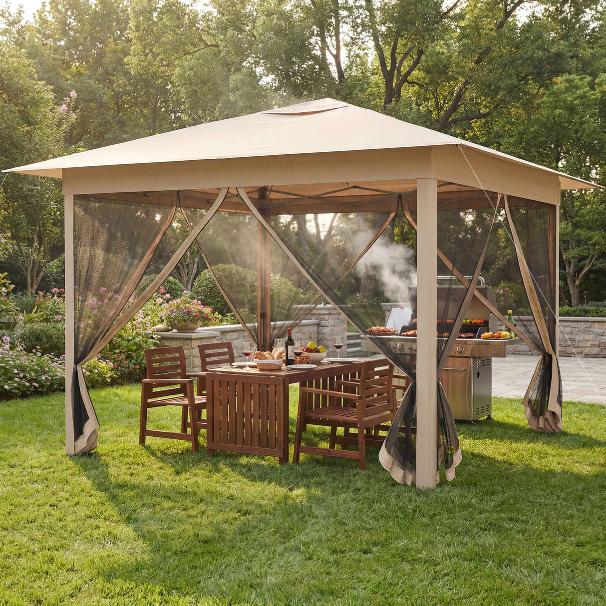 11.5 x 11.5 FT Pop-up Canopy Instant One-Person Setup with Mesh Screen Netting-Beige