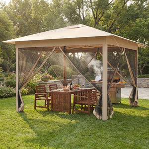11.5 x 11.5 FT Pop-up Canopy Instant One-Person Setup with Mesh Screen Netting-Beige
