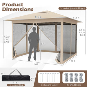 11.5 x 11.5 FT Pop-up Canopy Instant One-Person Setup with Mesh Screen Netting-Beige