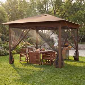 11.5 x 11.5 FT Pop-up Canopy Instant One-Person Setup with Mesh Screen Netting-Brown