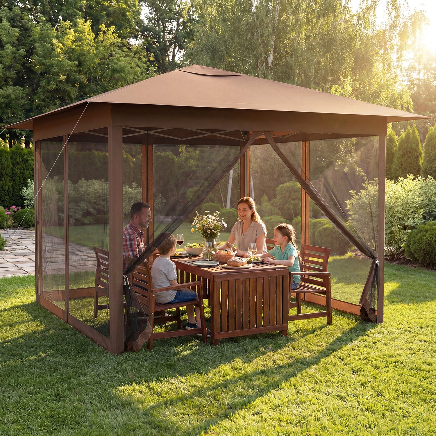 11.5 x 11.5 FT Pop-up Canopy Instant One-Person Setup with Mesh Screen Netting-Brown