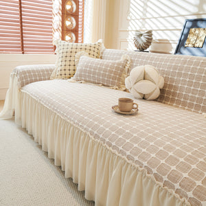 Grid Textured Sofa Cover with Sheer Ruffle Skirt, Pet-Friendly Sofa Throw Slipcover