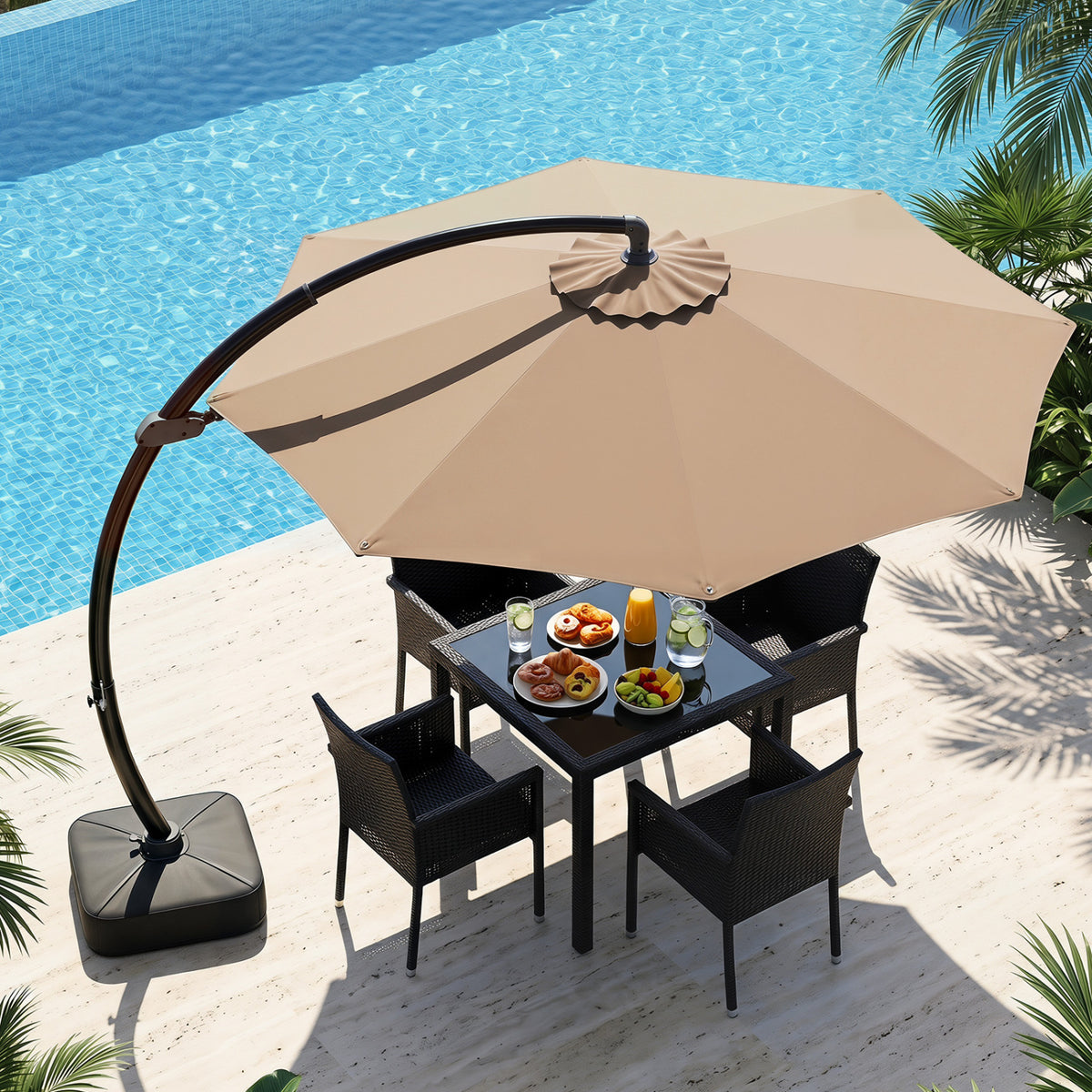 11 FT Cantilever Patio Umbrella with Base with 360Â° Rotation and Tilt Adjustment-Brown