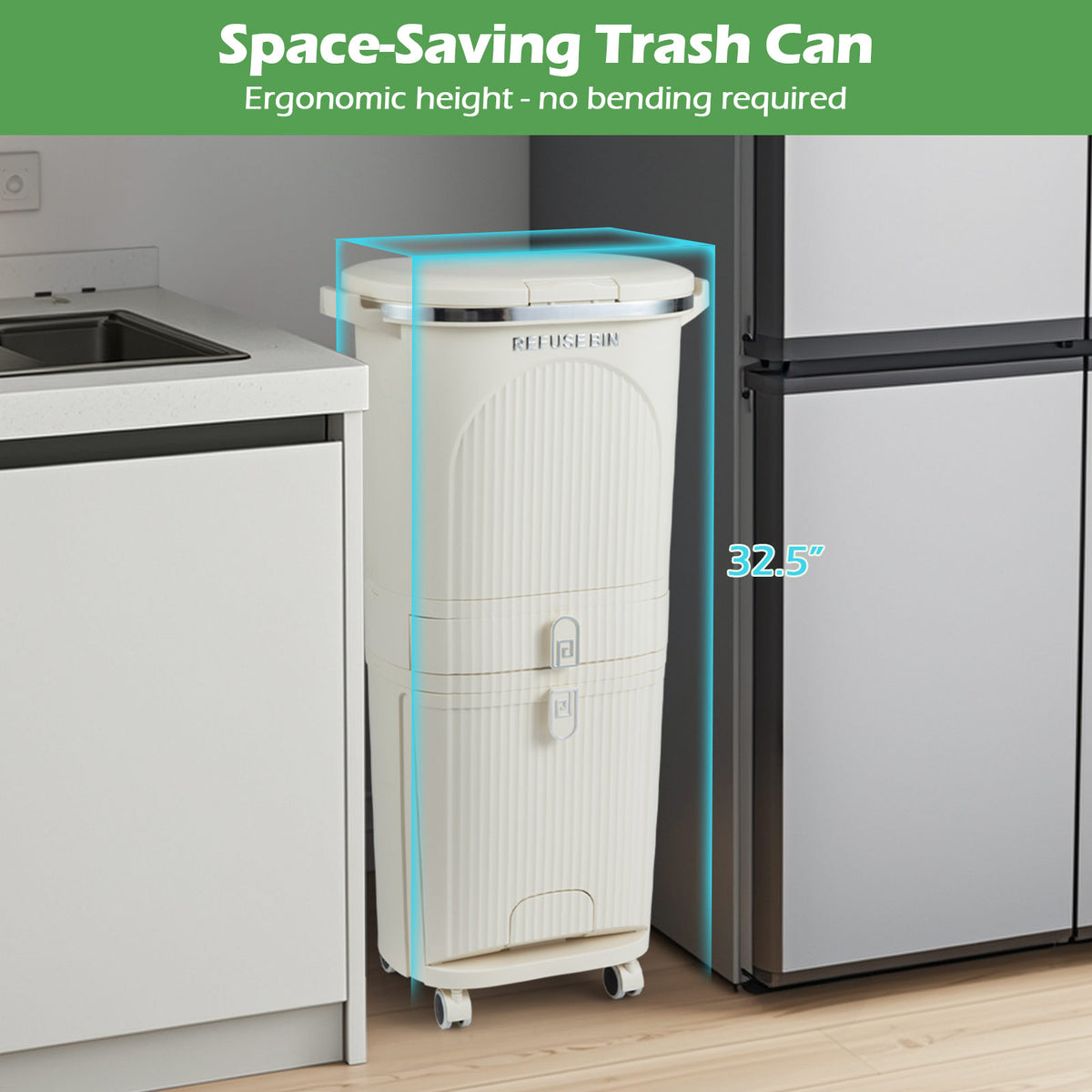 11 Gallon 3-Layer Kitchen Trash Can with Lid and 2 Removable Buckets-Beige