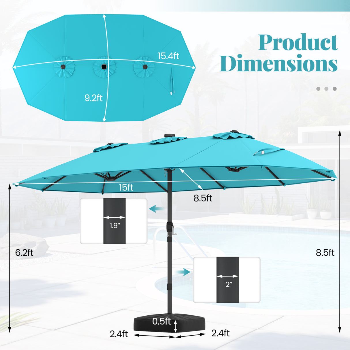 11 Pieces Patio Dining Set 15ft Double-Sided Patio Umbrella (Base Included) and Outdoor Rattan Furniture Set with 8 Stackable Chairs-Turquoise