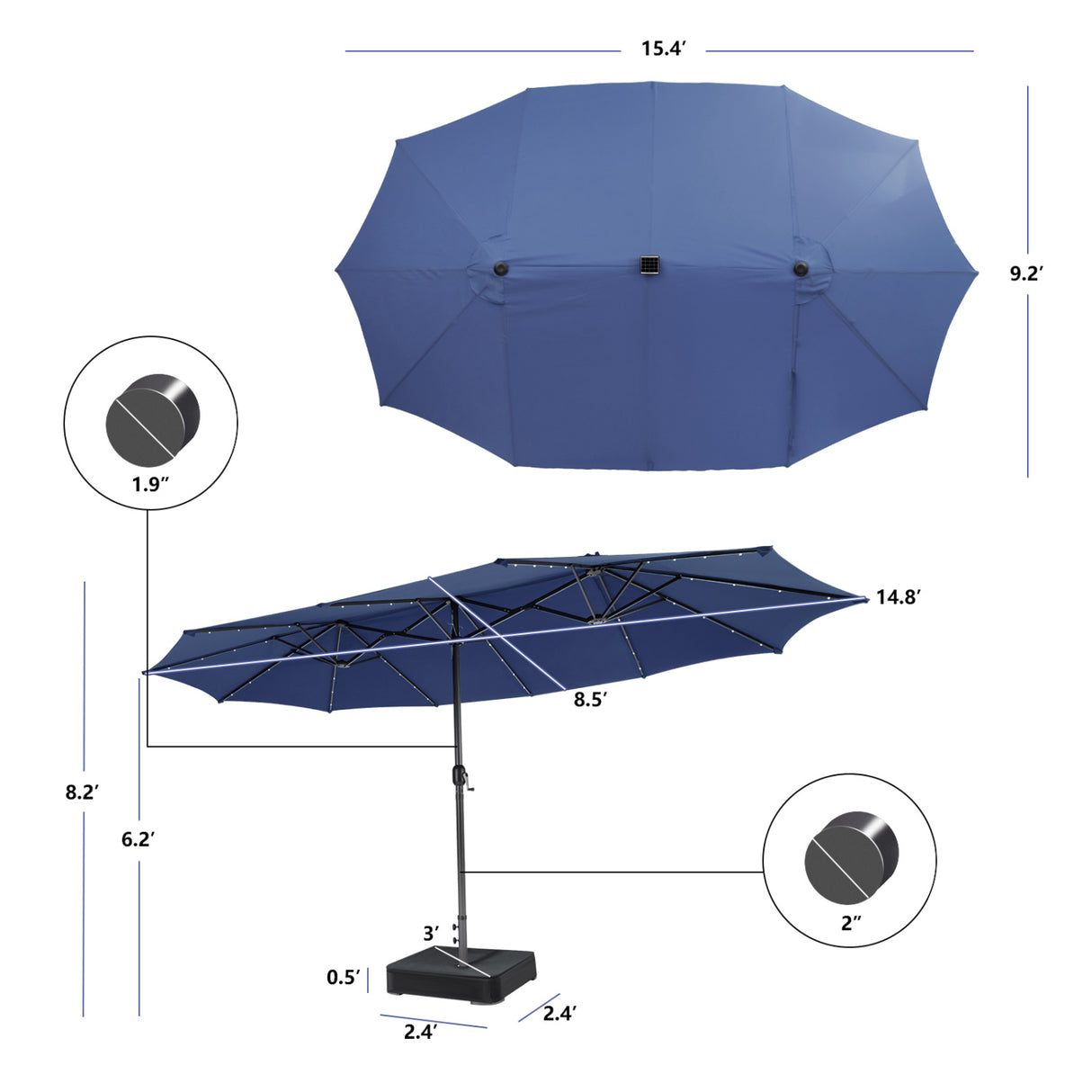 11 Pieces Patio Dining Set with 15 Feet Double-Sided Patio Umbrella Base Included-Navy