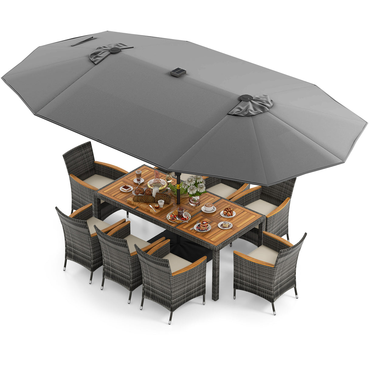 11 Pieces Patio Dining Set with 15 Feet Double-Sided Patio Umbrella Base Included-Gray