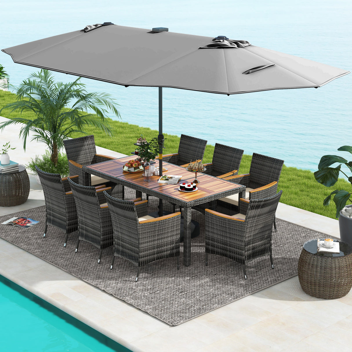 11 Pieces Patio Dining Set with 15 Feet Double-Sided Patio Umbrella Base Included-Gray