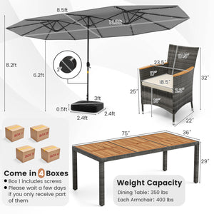 11 Pieces Patio Dining Set with 15 Feet Double-Sided Patio Umbrella Base Included-Gray