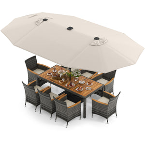 11 Pieces Patio Dining Set with 15 Feet Double-Sided Patio Umbrella Base Included-Beige