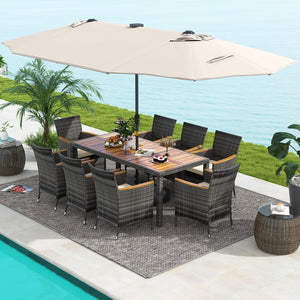 11 Pieces Patio Dining Set with 15 Feet Double-Sided Patio Umbrella Base Included-Beige