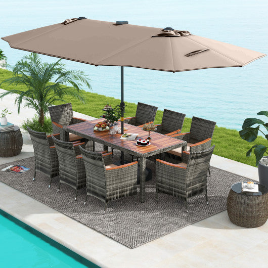 11 Pieces Patio Dining Set with 15 Feet Double-Sided Patio Umbrella Base Included-Tan
