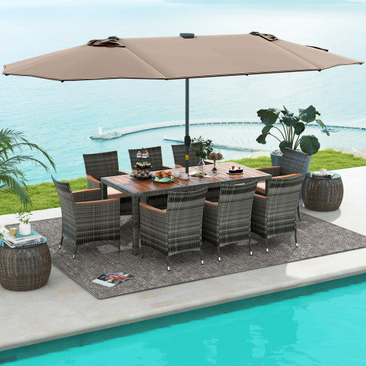 11 Pieces Patio Dining Set with 15 Feet Double-Sided Patio Umbrella Base Included-Tan