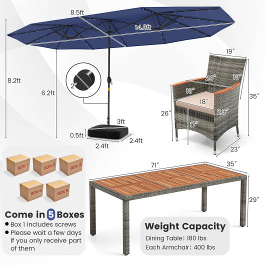 11 Pieces Patio Dining Set with 15 Feet Double-Sided Patio Umbrella Base Included-Navy