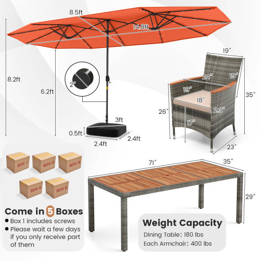 11 Pieces Patio Dining Set with 15 Feet Double-Sided Patio Umbrella Base Included-Orange