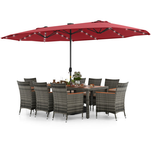 11 Pieces Patio Dining Set with 15 Feet Double-Sided Patio Umbrella Base Included-Wine